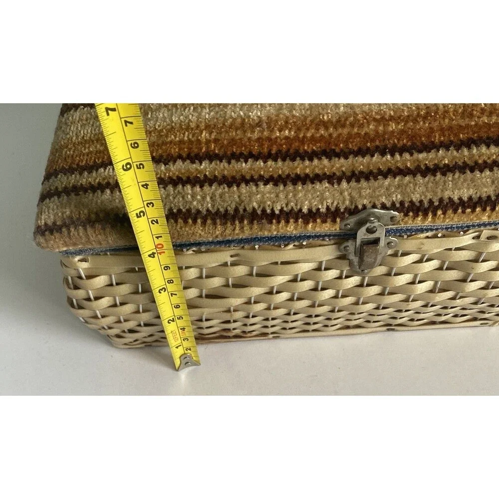 Vintage Woven Wicker  Sewing Basket Box W Carpet Tapestry Lid Wooden